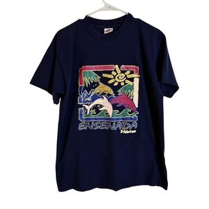 Vintage Navy Blue Ensenada Mexico Tshirt Women Large Dolphins Metallic Gold